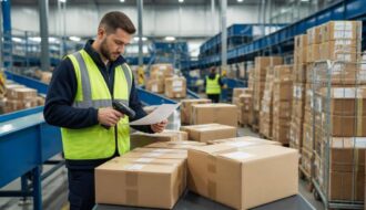 Pacchi di acquisti online vengono controllati in un centro logistico prima della consegna