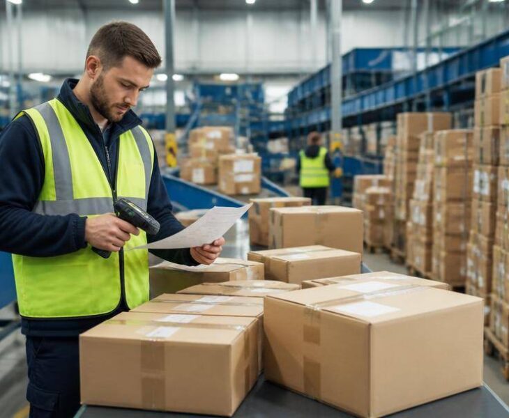 Pacchi di acquisti online vengono controllati in un centro logistico prima della consegna