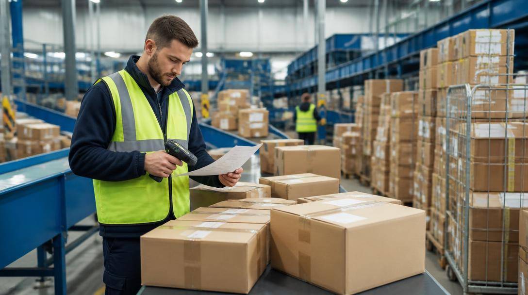 Pacchi di acquisti online vengono controllati in un centro logistico prima della consegna