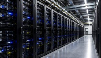 Analisti valutano documenti finanziari relativi a una grande azienda tecnologica.