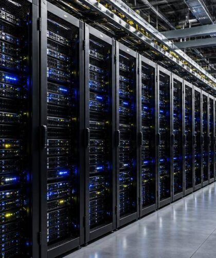 Analisti valutano documenti finanziari relativi a una grande azienda tecnologica.