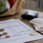 Famiglia controlla ricevute e spese domestiche al tavolo della cucina.