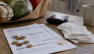 Famiglia controlla ricevute e spese domestiche al tavolo della cucina.