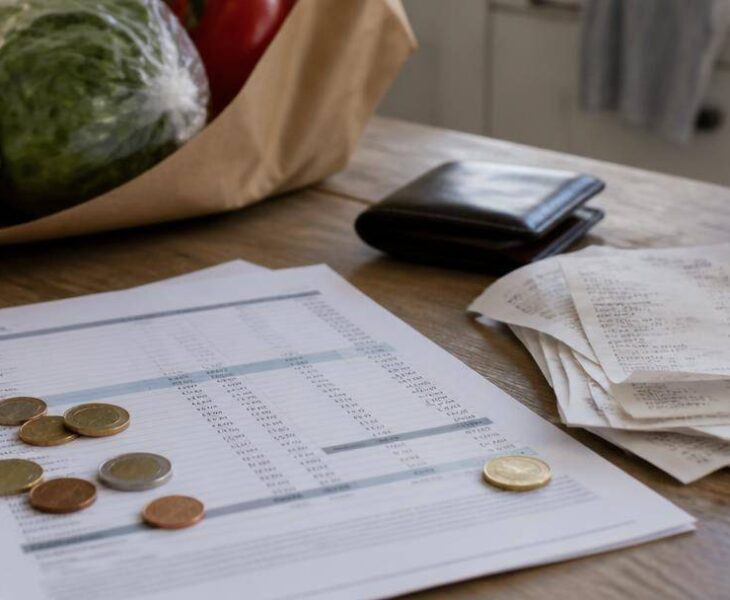 Famiglia controlla ricevute e spese domestiche al tavolo della cucina.