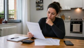 Persona controlla una bolletta domestica confrontando le voci di spesa con un calcolatore