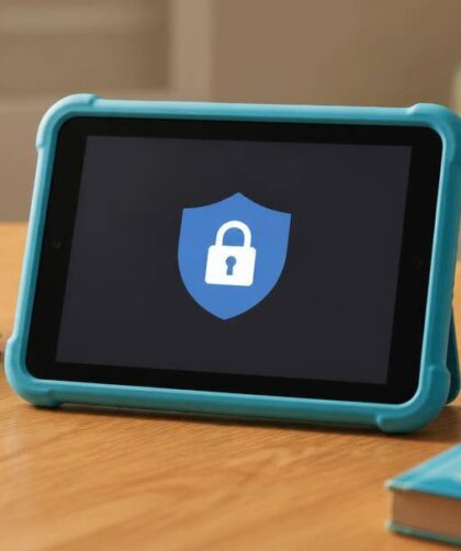 Genitore e figlio osservano insieme le impostazioni di sicurezza di uno smartphone.