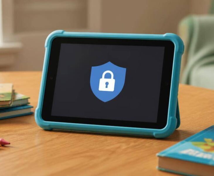 Genitore e figlio osservano insieme le impostazioni di sicurezza di uno smartphone.