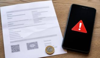 Consumatore controlla con attenzione un messaggio sospetto ricevuto sullo smartphone.