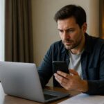 Viaggiatore confronta una comunicazione sospetta sul telefono con i dettagli della prenotazione sul computer