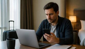 Viaggiatore confronta una comunicazione sospetta sul telefono con i dettagli della prenotazione sul computer