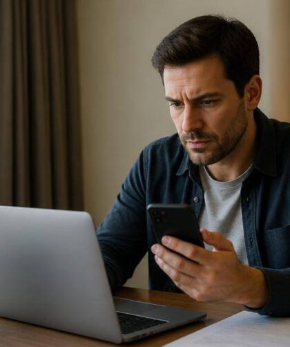 Viaggiatore confronta una comunicazione sospetta sul telefono con i dettagli della prenotazione sul computer