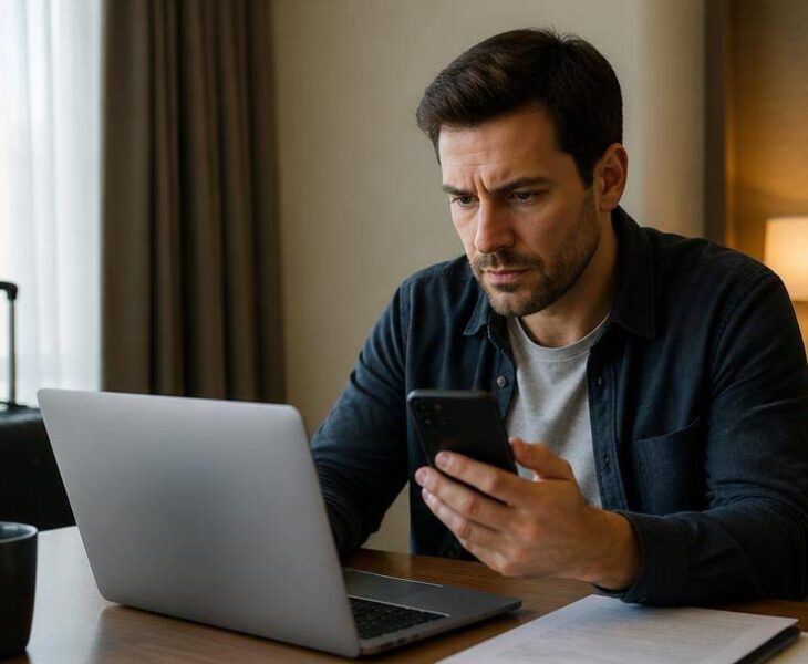 Viaggiatore confronta una comunicazione sospetta sul telefono con i dettagli della prenotazione sul computer