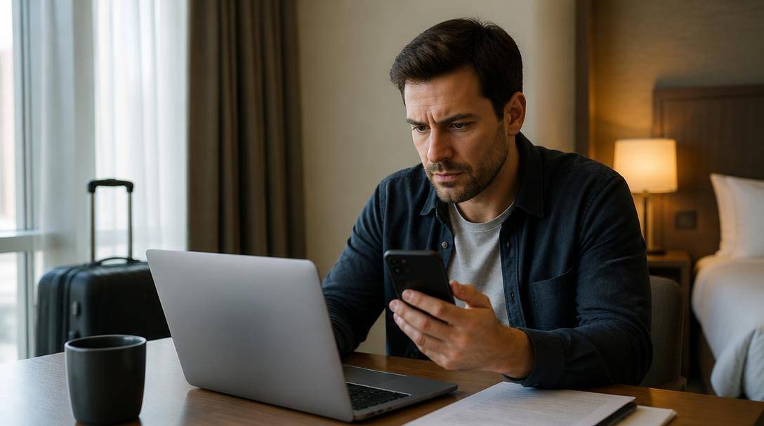 Viaggiatore confronta una comunicazione sospetta sul telefono con i dettagli della prenotazione sul computer